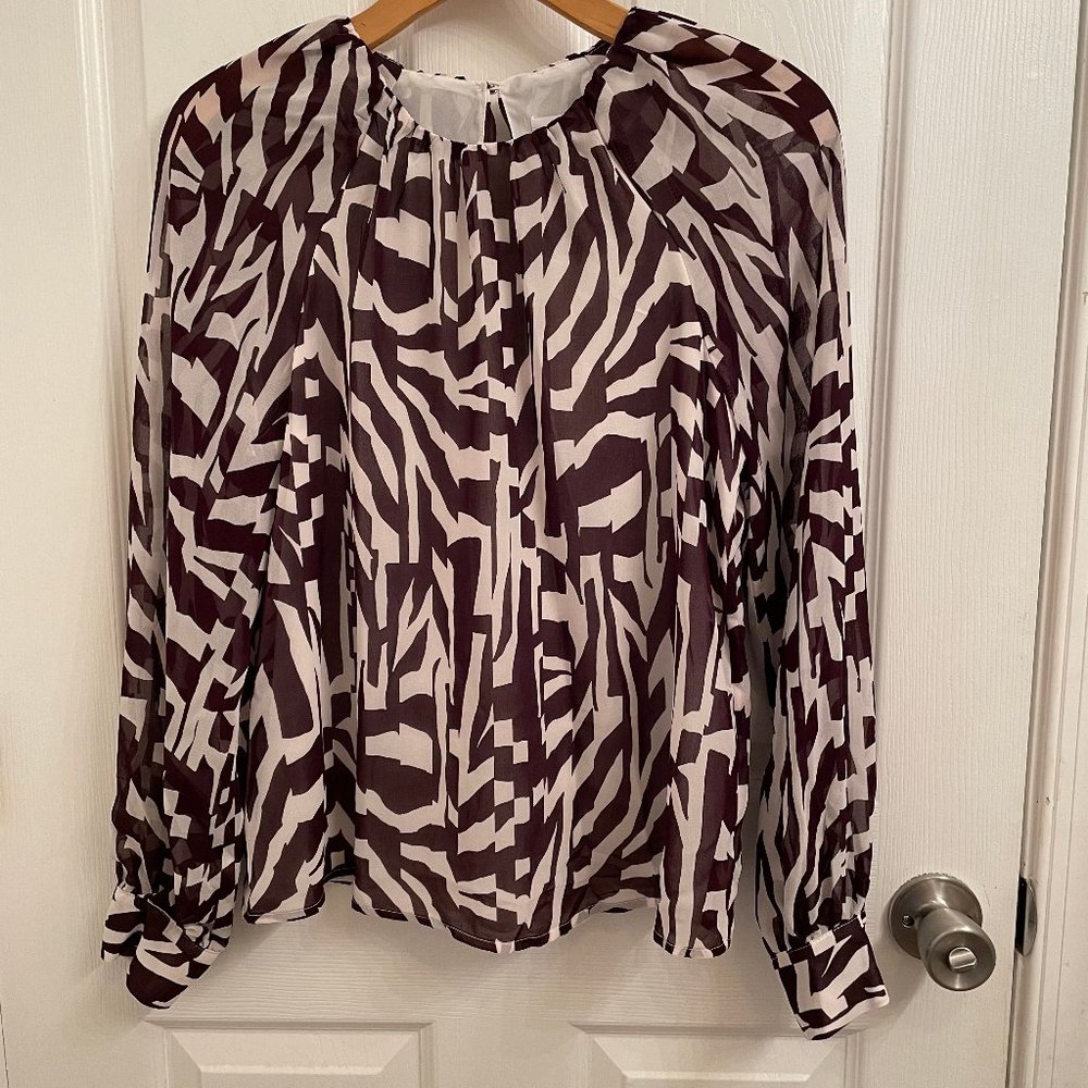 Calvin Klein Lined Plum & White Pullover Sheer Sleeve Blouse Size XS NWT